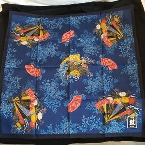 Indigo Floral and Fan Patterned Japanese Vintage Scarf New